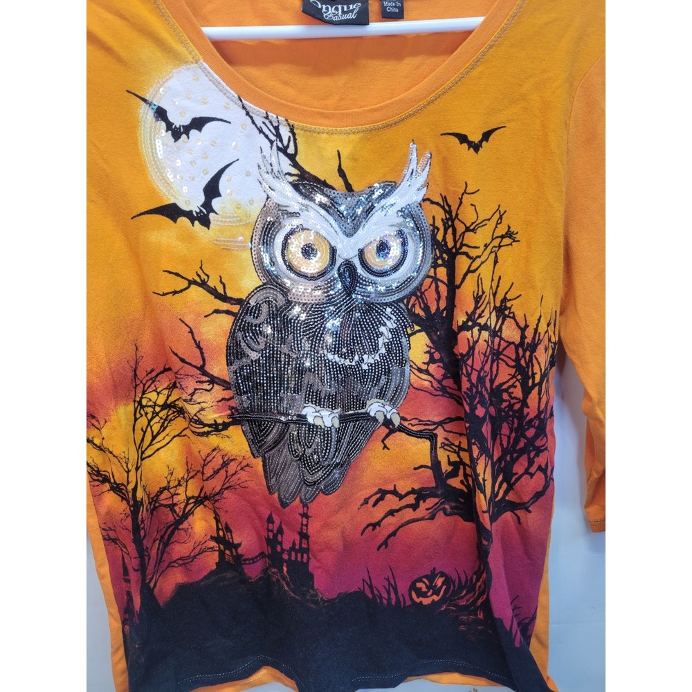 Onque Casual Halloween Owl Sequin Embellished Graphic 3/4 Sleeve Top, M
